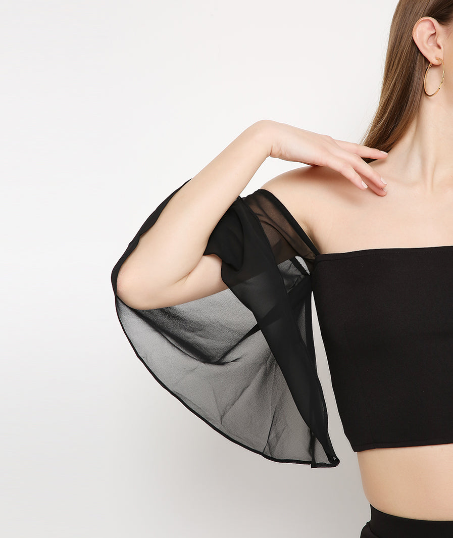 Black Long Bell Sleeve Crop Top